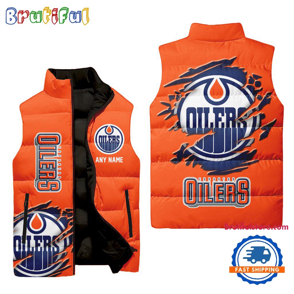 Sportswearmerch Edmonton Oilers NHL Personalized Sleeveless Puffer Jacket For Fan
