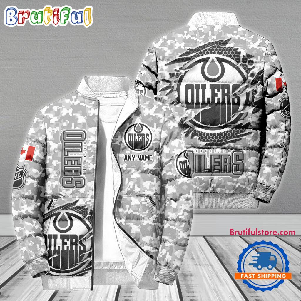 Sportswearmerch Edmonton Oilers NHL Special Camo Honor Veterans Puffer Jacket For Fan