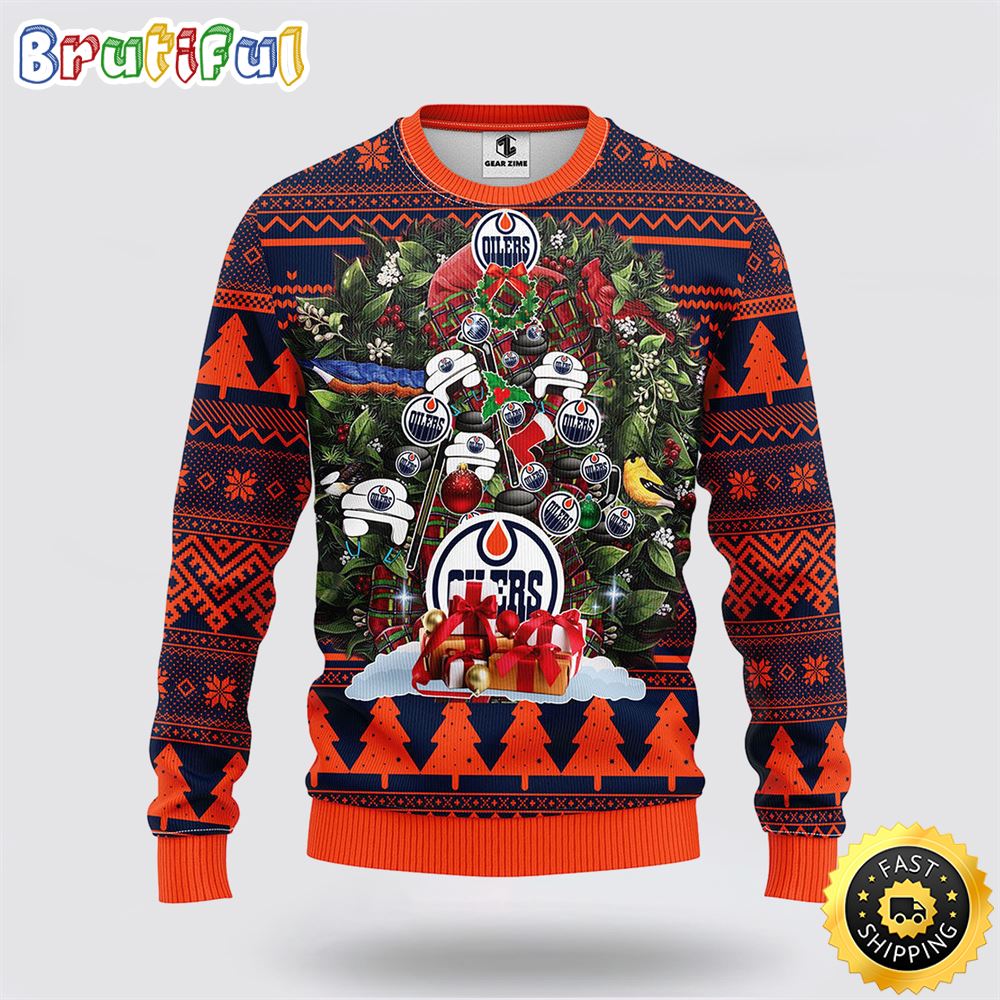 Sportswearmerch Edmonton Oilers NHL Tree Ugly Christmas Fleece Sweater For Fan