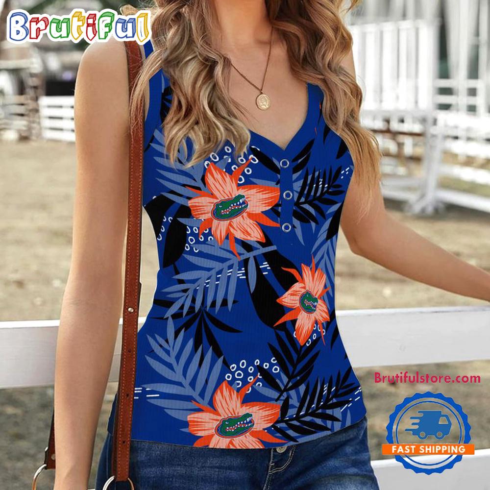 Sportswearmerch Florida Gators NCAA Hibiscus Pattern Women's V-Neck Ribbed Tank Top For Fan