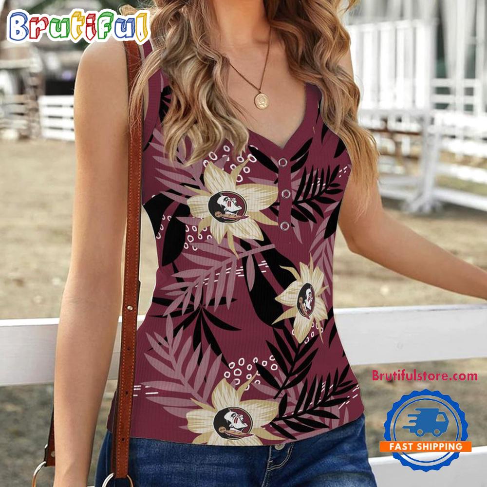 Sportswearmerch Florida State Seminoles NCAA Hibiscus Pattern Women's V-Neck Ribbed Tank Top For Fan