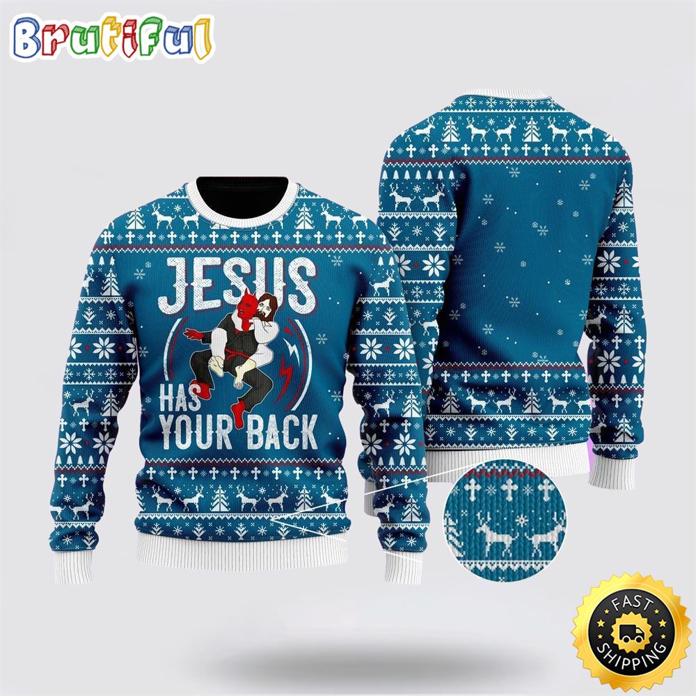 Sportswearmerch Funny Jesus Has Your Back Jiu Jitsu Christmas Sweater For Fan