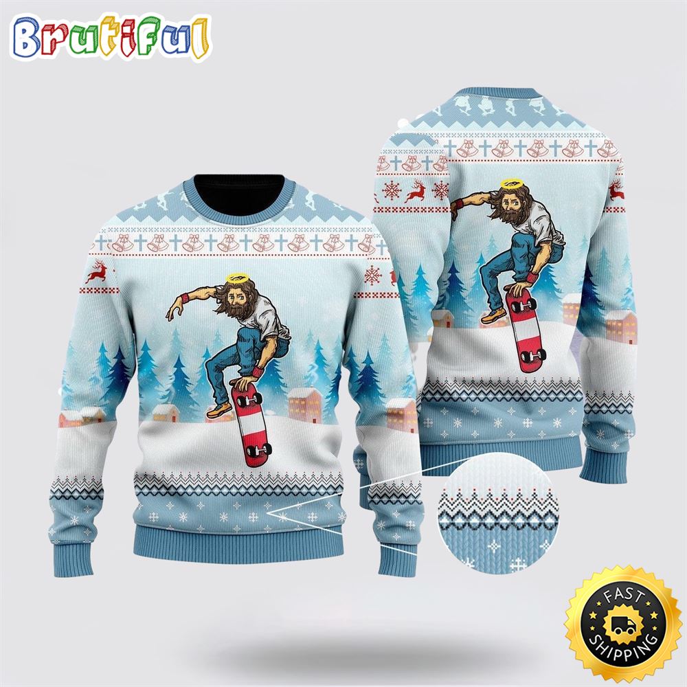 Sportswearmerch Funny Jesus Skateboarding Christmas Sweater For Fan