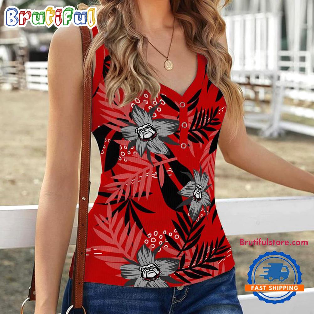 Sportswearmerch Georgia Bulldogs NCAA Hibiscus Pattern Women's V-Neck Ribbed Tank Top For Fan
