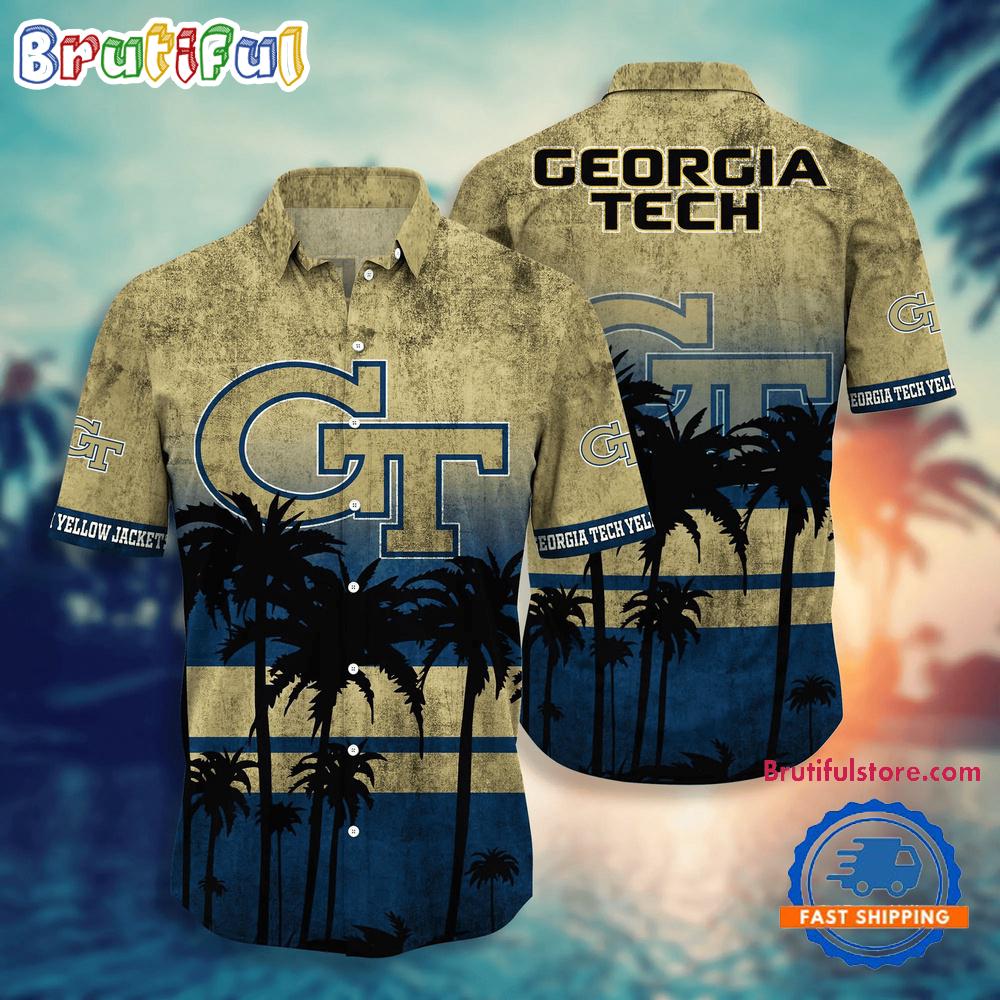 Sportswearmerch Georgia Tech Yellow Jackets NCAA Palm Tree Summer Beach Personalized Hawaiian Shirt For Fan