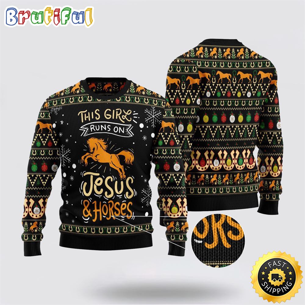 Sportswearmerch Girls Run On Jesus And Horses Christmas Sweater For Fan