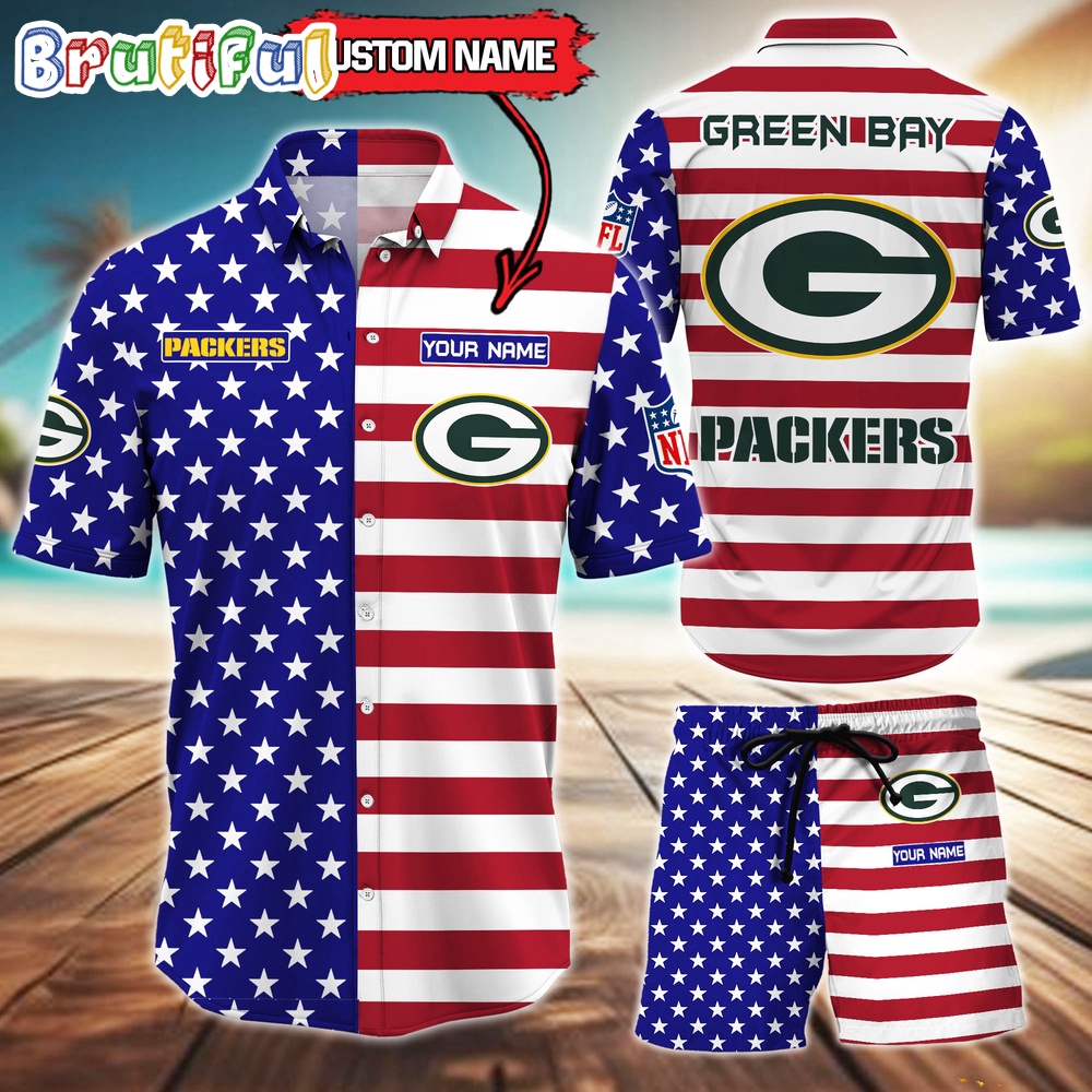 Sportswearmerch Green Bay Packers NFL American Flag Personalized Set Short Set For Fan