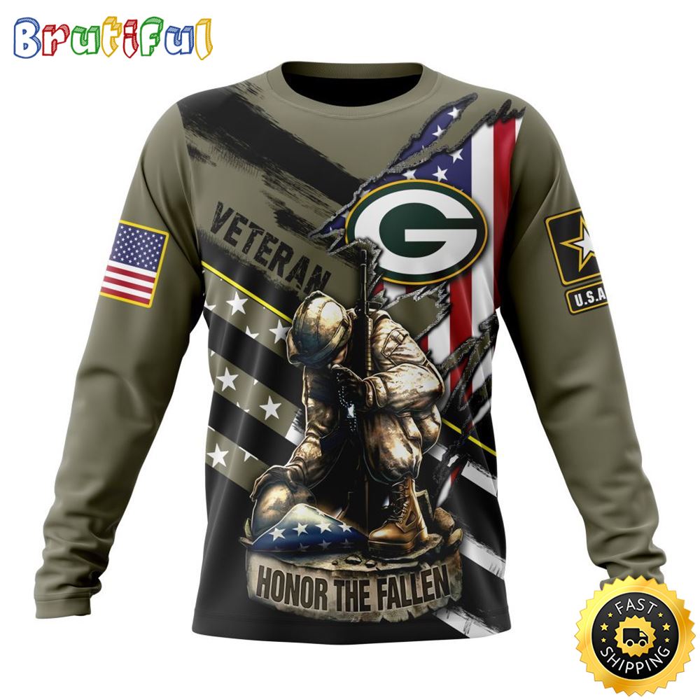 Sportswearmerch Green Bay Packers NFL Crewneck Honor Veterans Kneeling Soldier Personalized Sweater For Fan