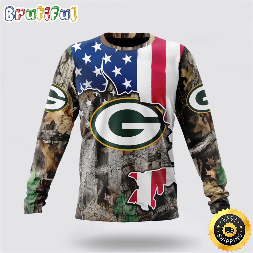 Sportswearmerch Green Bay Packers NFL Crewneck USA Flag Camo Realtree Hunting Personalized Sweater For Fan