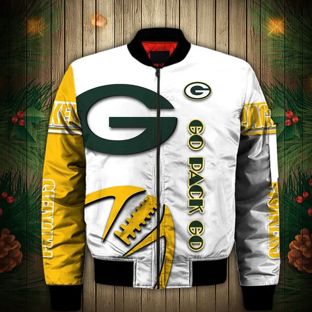 Sportswearmerch Green Bay Packers NFL Graphic Ball Pattern Bomber Jacket For Fan