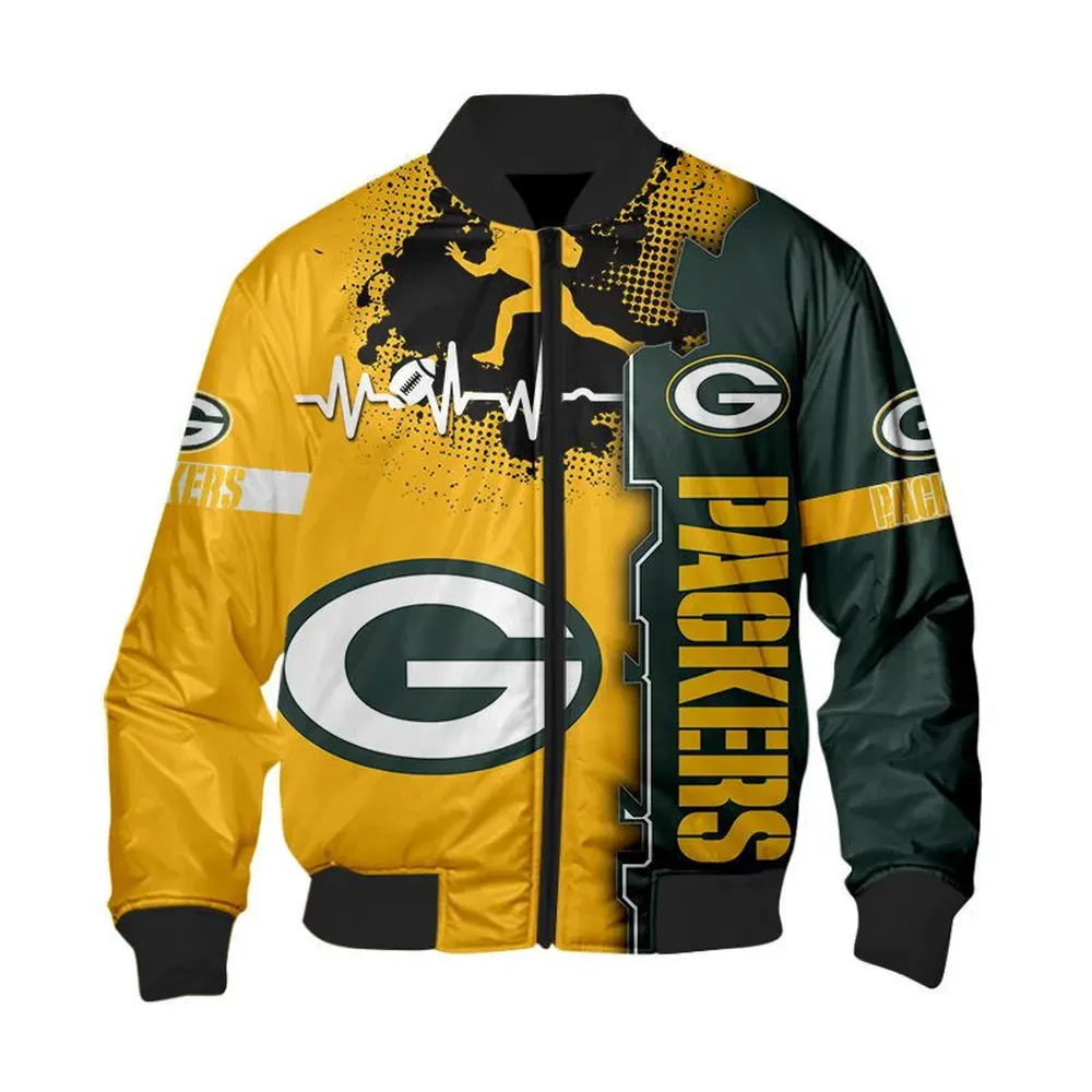Sportswearmerch Green Bay Packers NFL Heart ECG Line Pattern Bomber Jacket For Fan