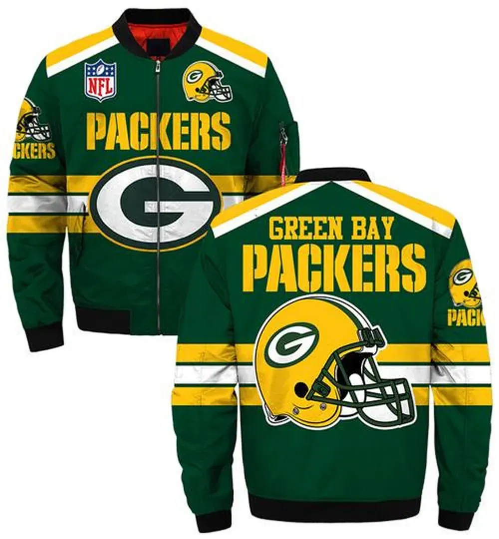 Sportswearmerch Green Bay Packers NFL Helmet Stripe Pattern Bomber Jacket For Fan