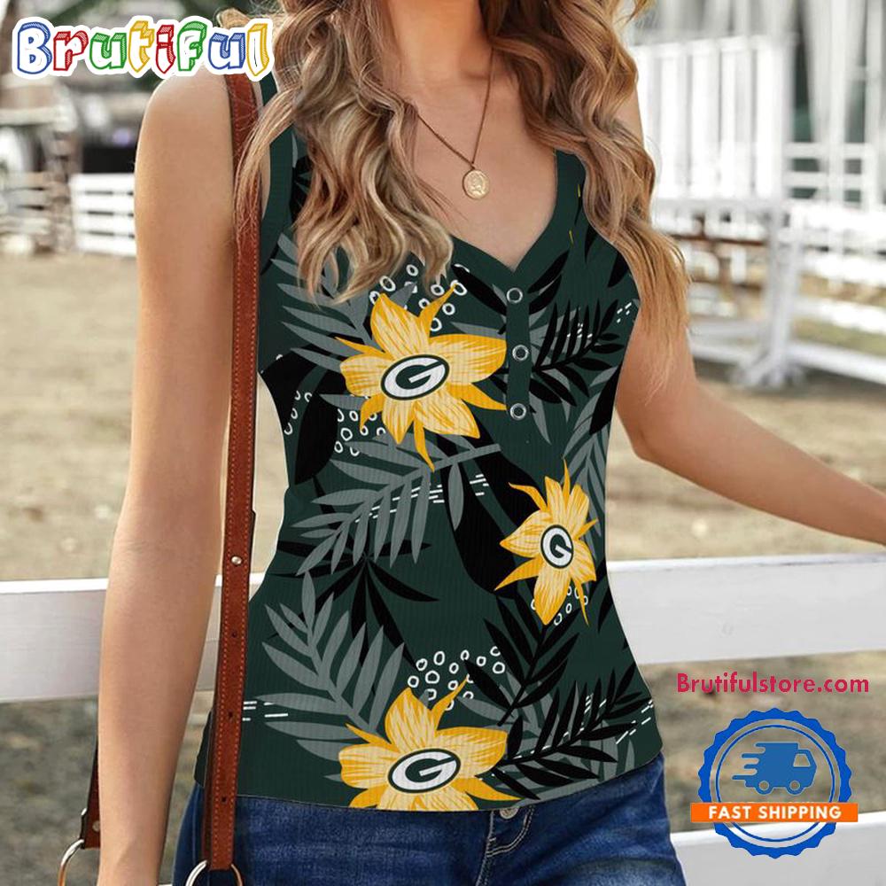 Sportswearmerch Green Bay Packers NFL Hibiscus Pattern Women's V-Neck Ribbed Tank Top For Fan