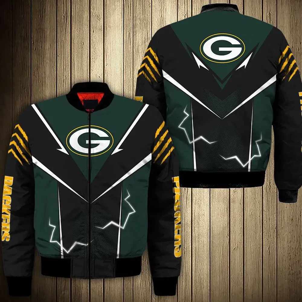 Sportswearmerch Green Bay Packers NFL Lightning Pattern Bomber Jacket For Fan
