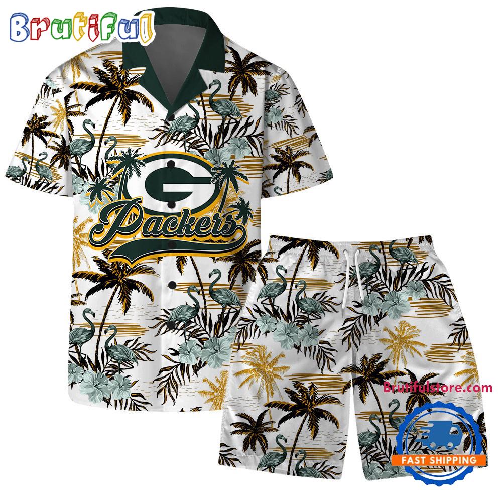 Sportswearmerch Green Bay Packers NFL Pattern Flamingo Hibiscus Summer Personalized Set Short Set For Fan