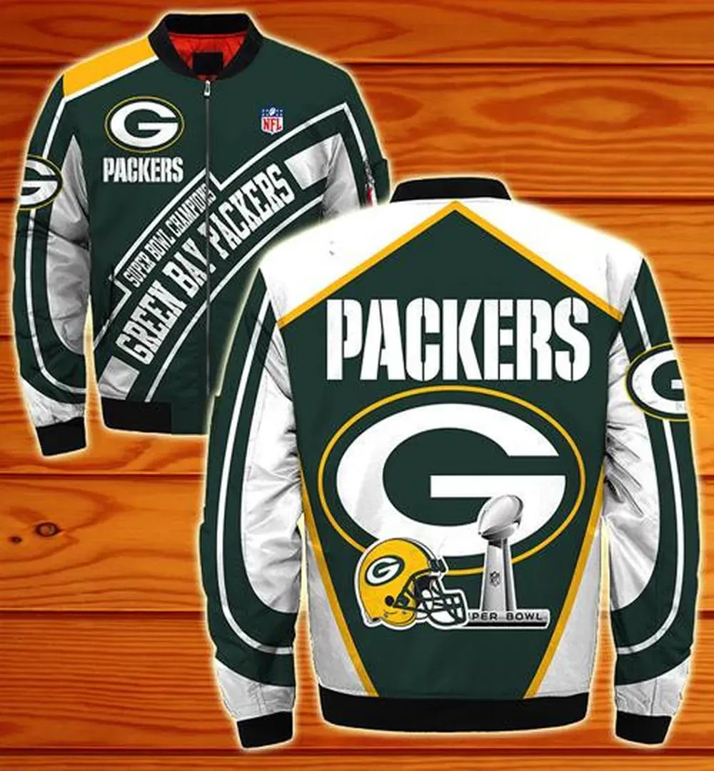 Sportswearmerch Green Bay Packers NFL Text Pattern Bomber Jacket For Fan