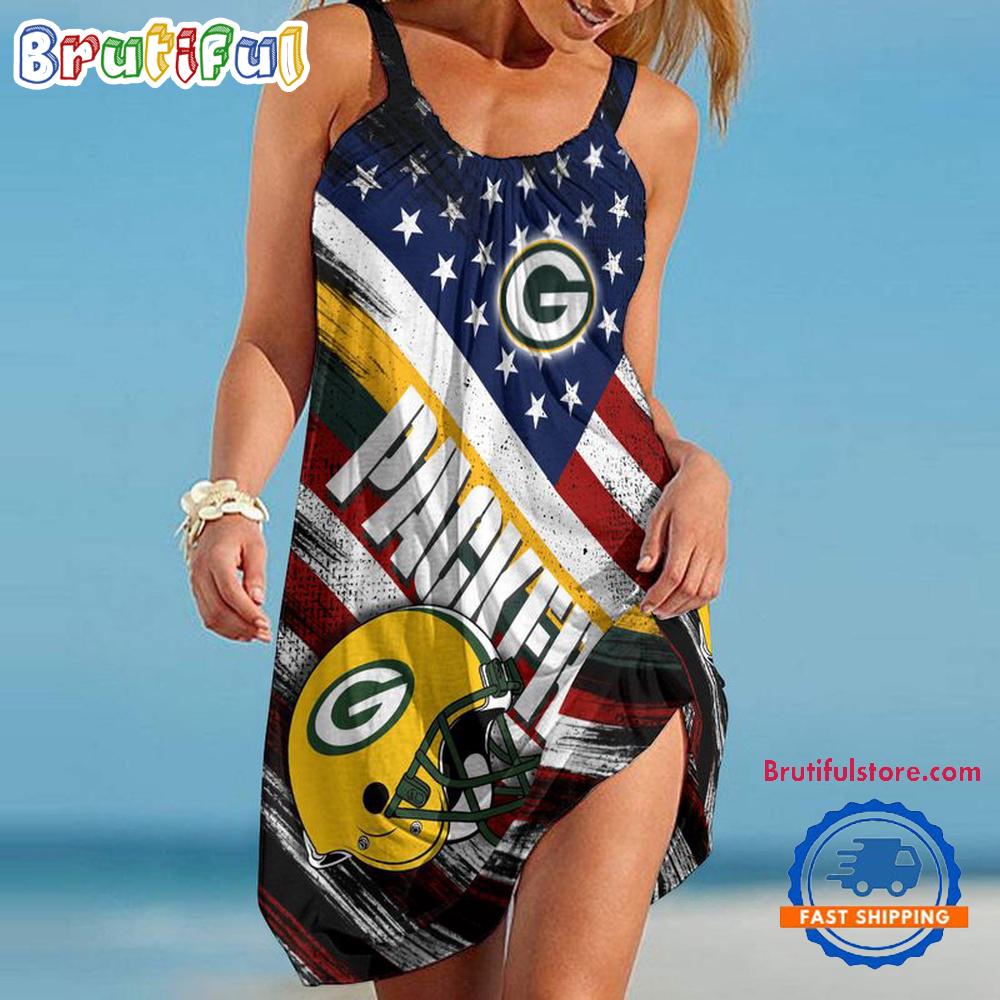 Sportswearmerch Green Bay Packers NFL USA Independence Day Women's Summer Beach Dress For Fan