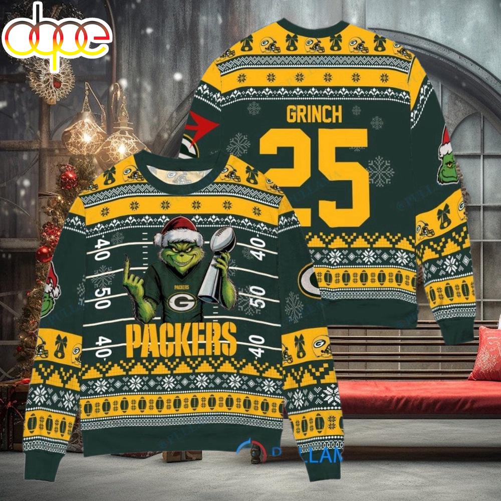 Sportswearmerch Green Bay Packers NFL x Grinch Super Bowl Trophy Ugly Christmas Sweater For Fan