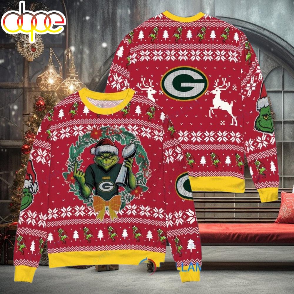 Sportswearmerch Green Bay Packers NFL x Grinch Super Bowl Trophy Ugly Christmas Sweater For Fan