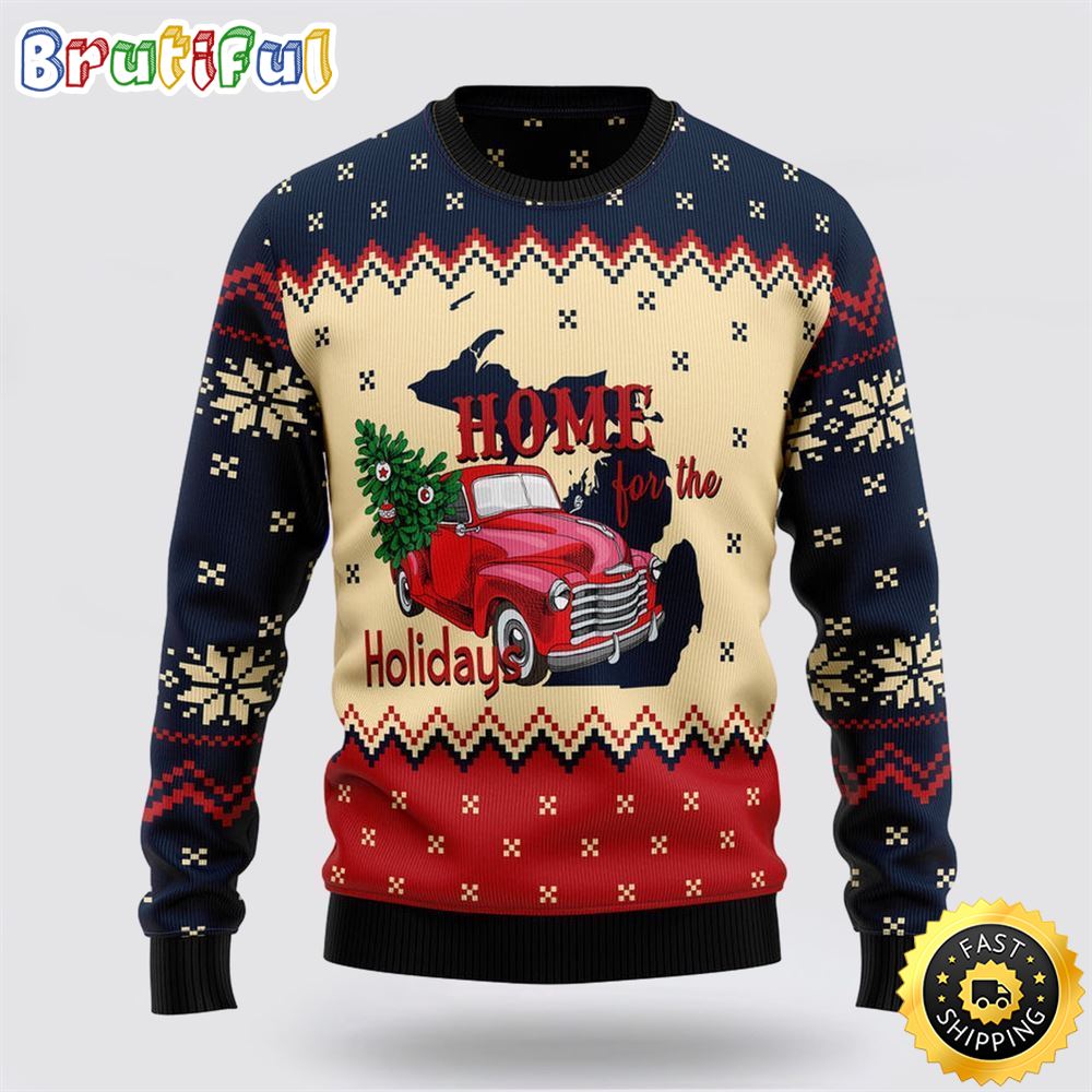 Sportswearmerch Home For The Holidays Michigan Personalized Christmas Sweater For Fan