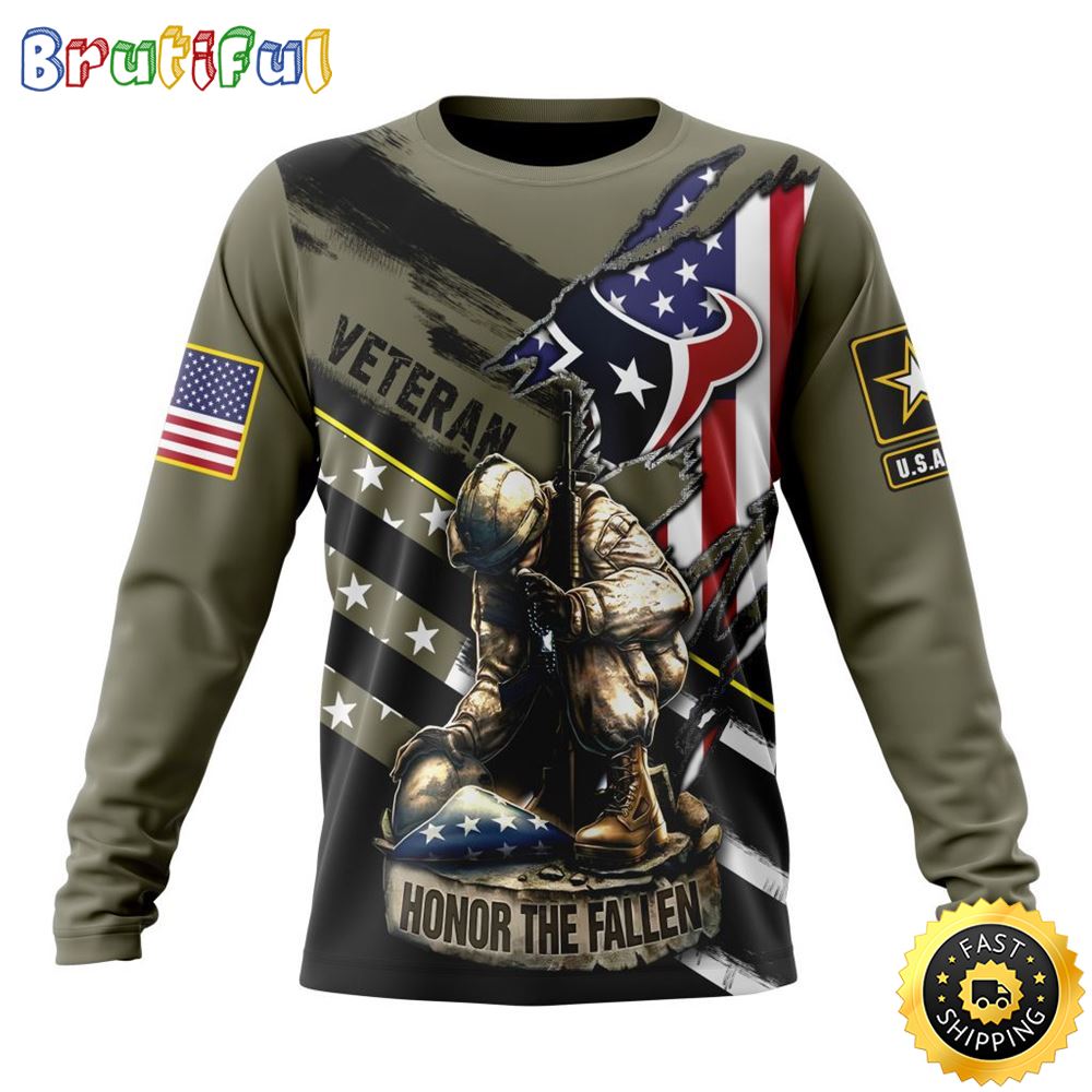 Sportswearmerch Houston Texans NFL Crewneck Honor Veterans Kneeling Soldier Personalized Sweater For Fan