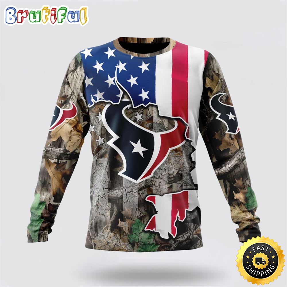 Sportswearmerch Houston Texans NFL Crewneck USA Flag Camo Realtree Hunting Personalized Sweater For Fan