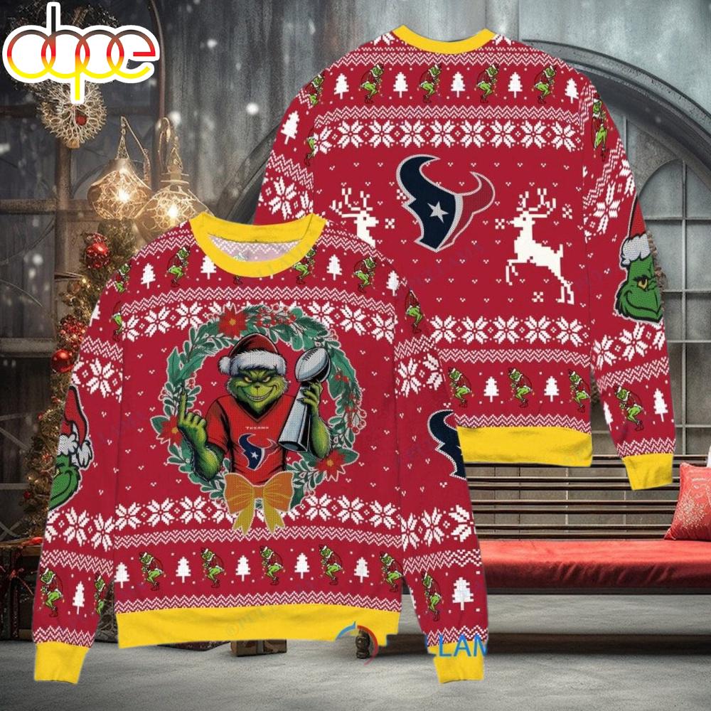 Sportswearmerch Houston Texans NFL x Grinch Super Bowl Trophy Ugly Christmas Sweater For Fan