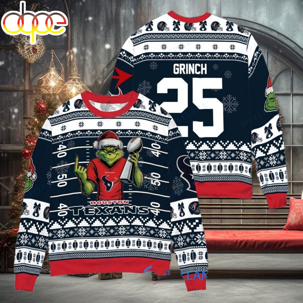 Sportswearmerch Houston Texans NFL x Grinch Super Bowl Trophy Ugly Christmas Sweater For Fan