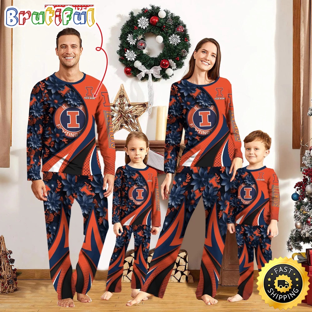 Sportswearmerch Illinois Fighting Illini NCAA Flower Personalized Pajamas Family For Fan