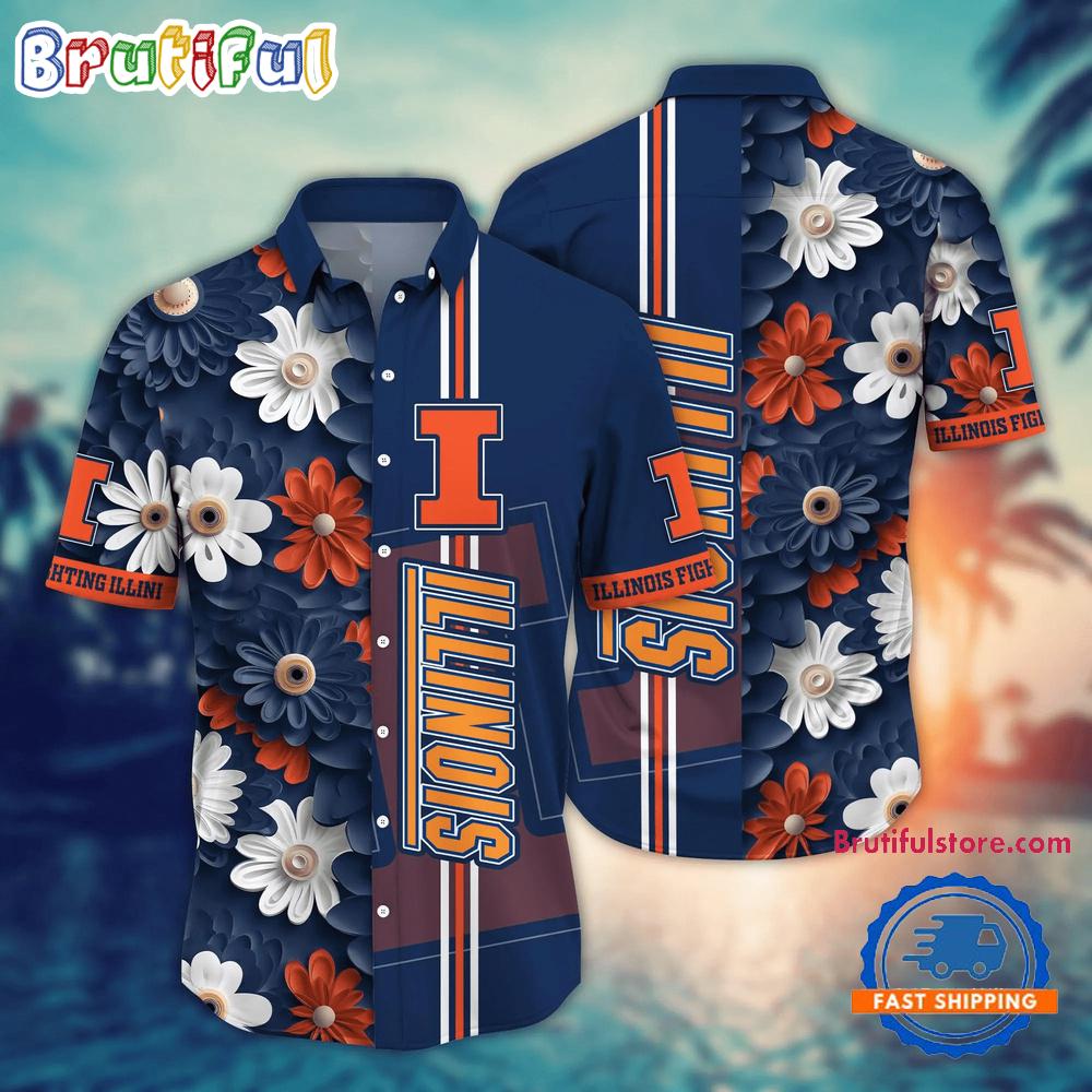 Sportswearmerch Illinois Fighting Illini NCAA Flower Summer Personalized Hawaiian Shirt For Fan