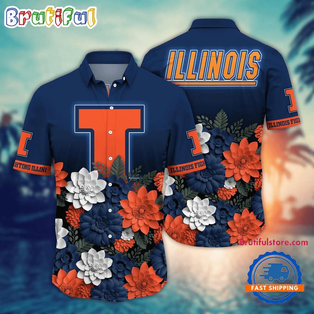 Sportswearmerch Illinois Fighting Illini NCAA Flower Tropical Summer Beach Hawaiian Shirt For Fan