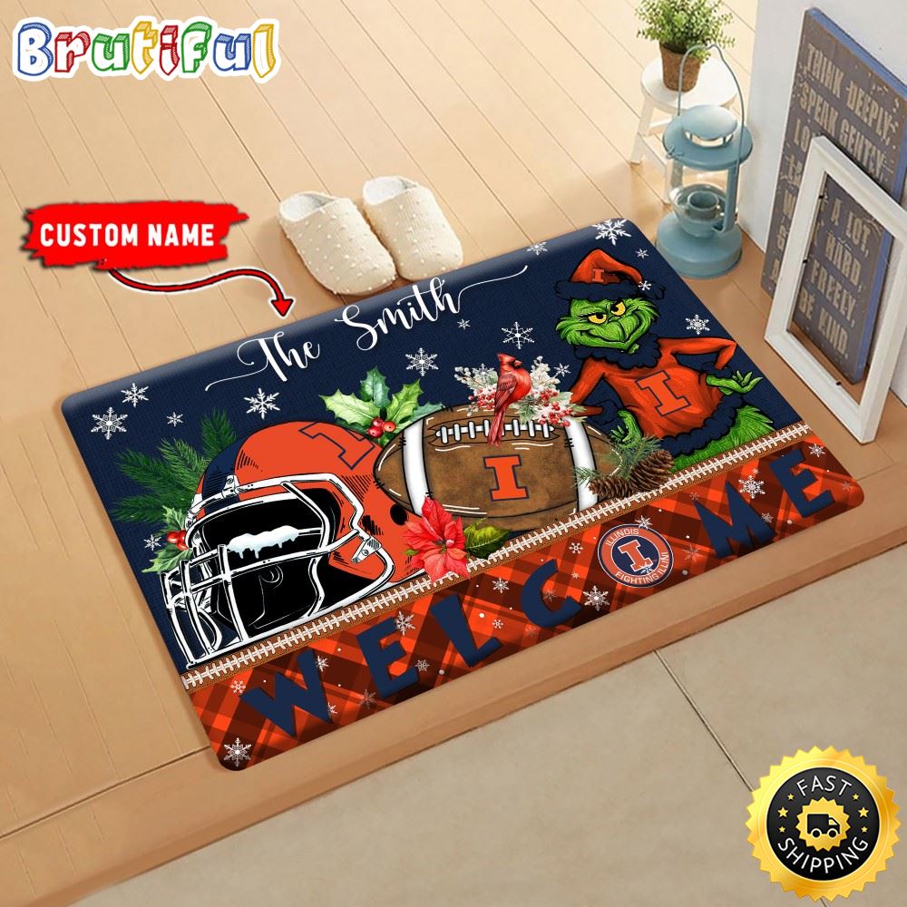 Sportswearmerch Illinois Fighting Illini NCAA Grinch Christmas Doormat For Fan