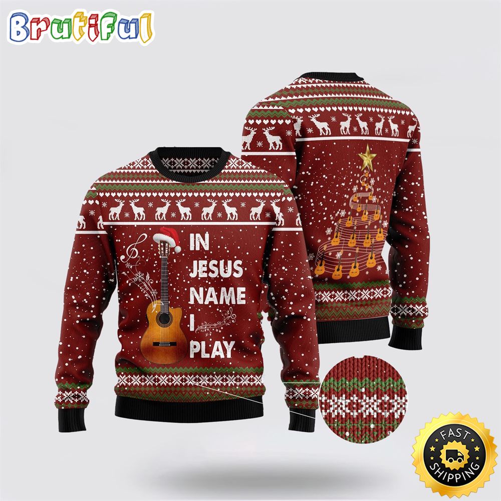 Sportswearmerch In Jesus Name I Play Guitar Christmas Sweater For Fan