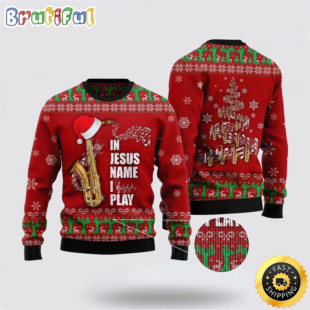 Sportswearmerch In Jesus Name I Play Saxophone Christmas Sweater For Fan
