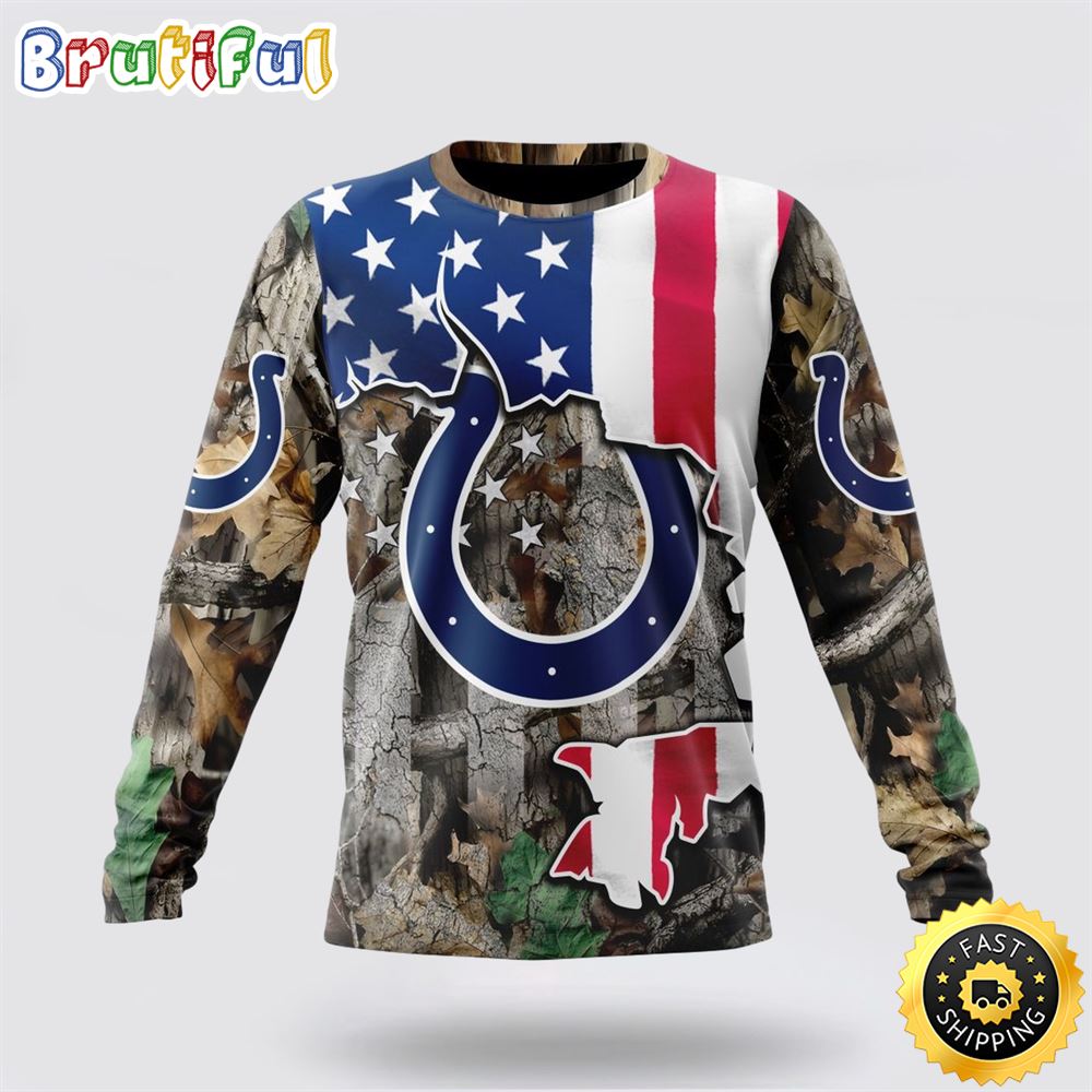 Sportswearmerch Indianapolis Colts NFL Crewneck USA Flag Camo Realtree Hunting Personalized Sweater For Fan