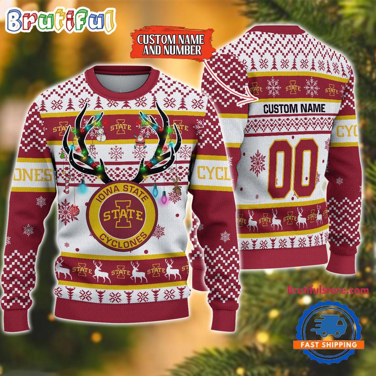 Sportswearmerch Iowa State Cyclones NCAA Special Reindeer Light Personalized Christmas Sweater For Fan