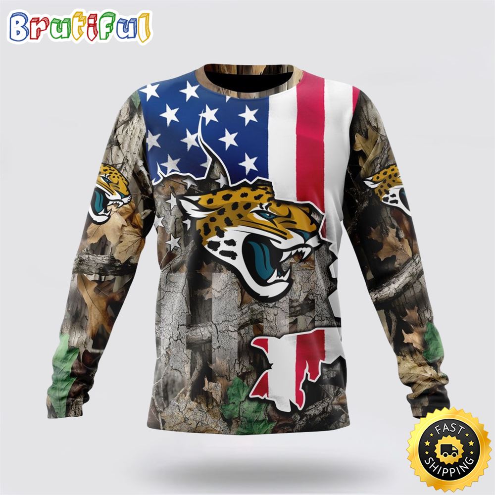 Sportswearmerch Jacksonville Jaguars NFL Crewneck USA Flag Camo Realtree Hunting Personalized Sweater For Fan