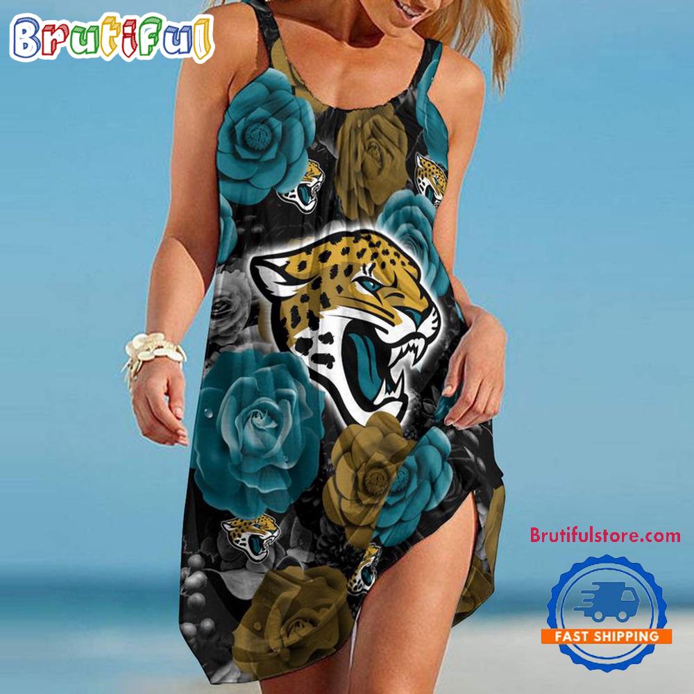 Sportswearmerch Jacksonville Jaguars NFL Flower Women’s Summer Beach Dress For Fan