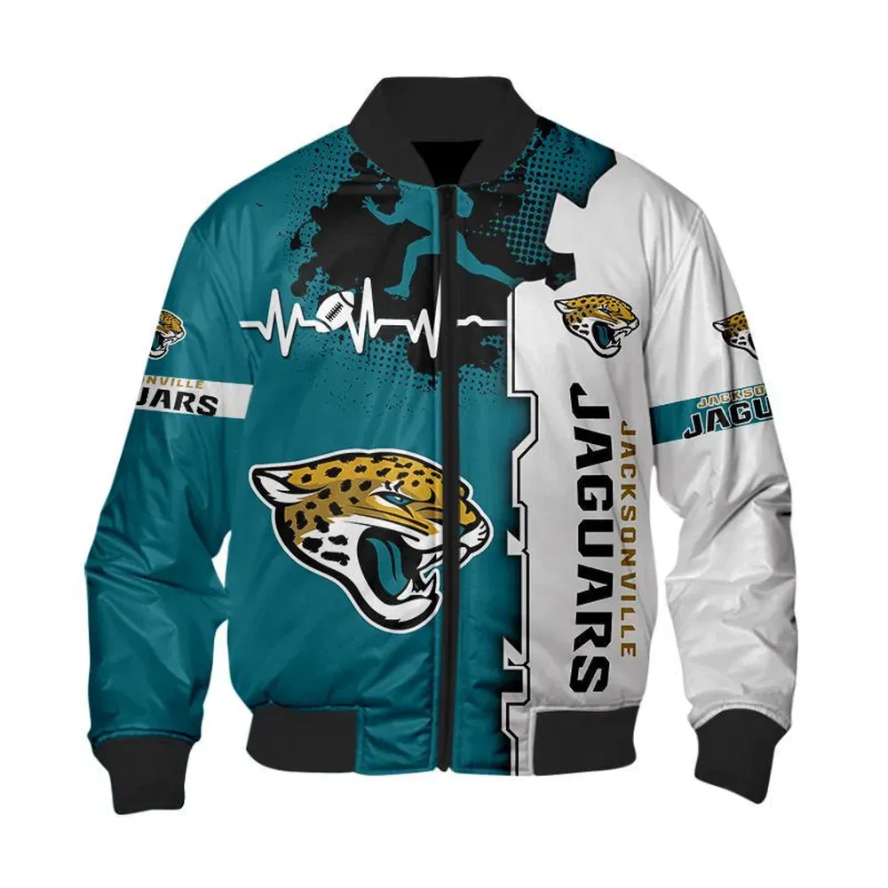 Sportswearmerch Jacksonville Jaguars NFL Heart ECG Line Pattern Bomber Jacket For Fan