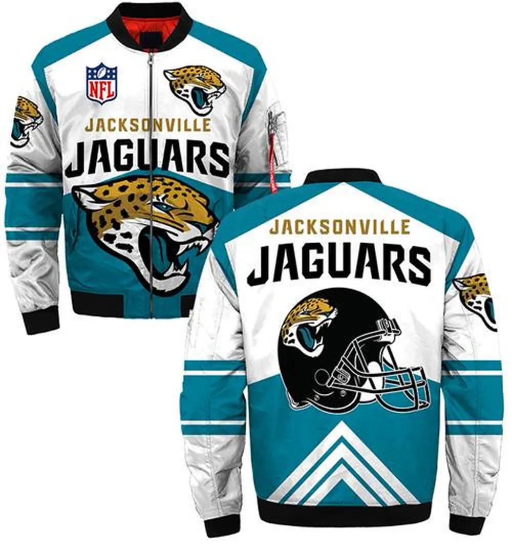 Sportswearmerch Jacksonville Jaguars NFL Helmet Pattern Bomber Jacket For Fan