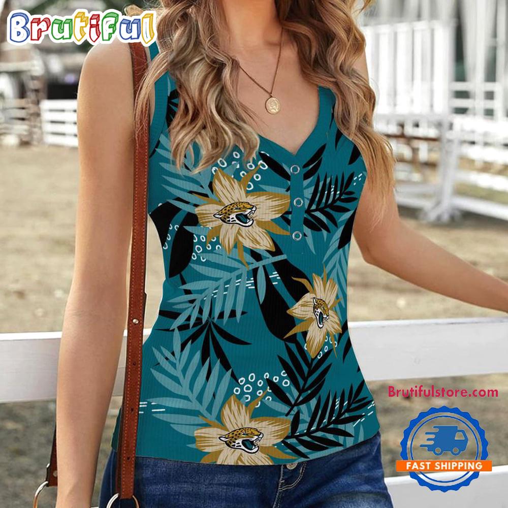 Sportswearmerch Jacksonville Jaguars NFL Hibiscus Pattern Women's V-Neck Ribbed Tank Top For Fan