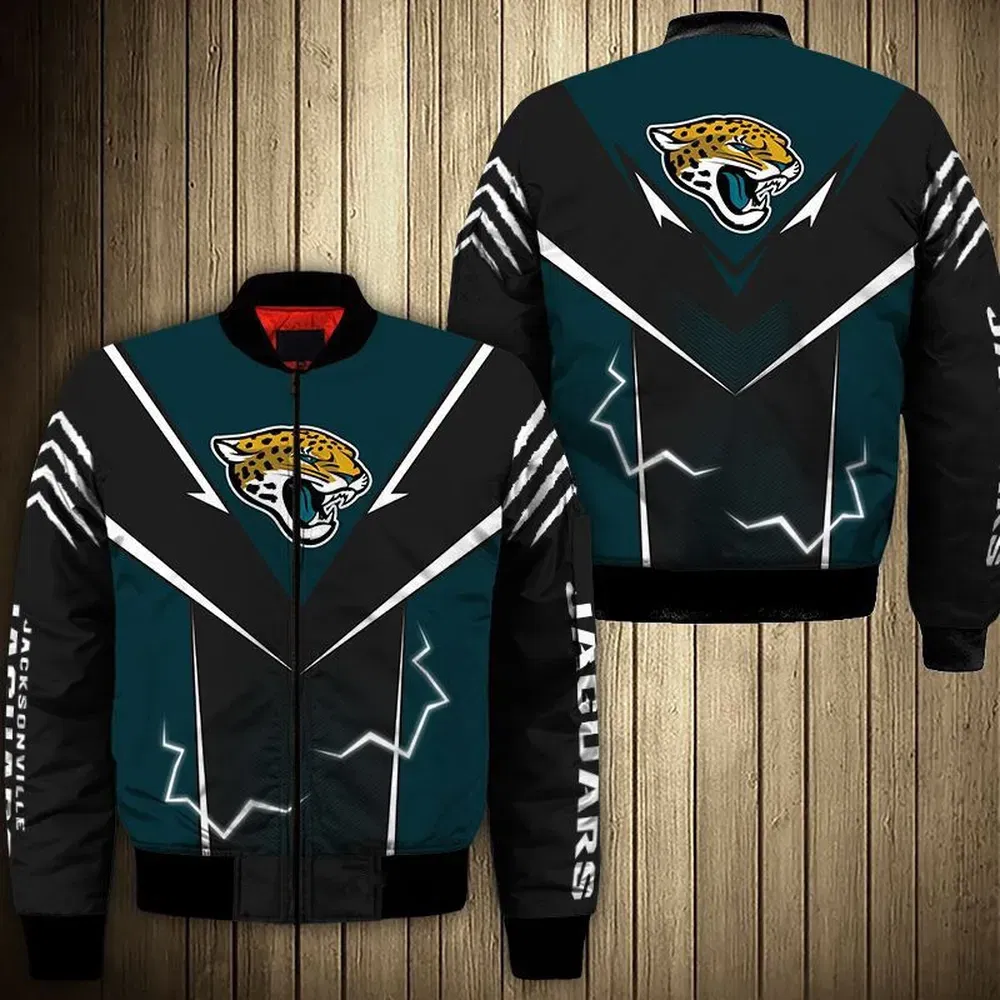 Sportswearmerch Jacksonville Jaguars NFL Lightning Pattern Bomber Jacket For Fan