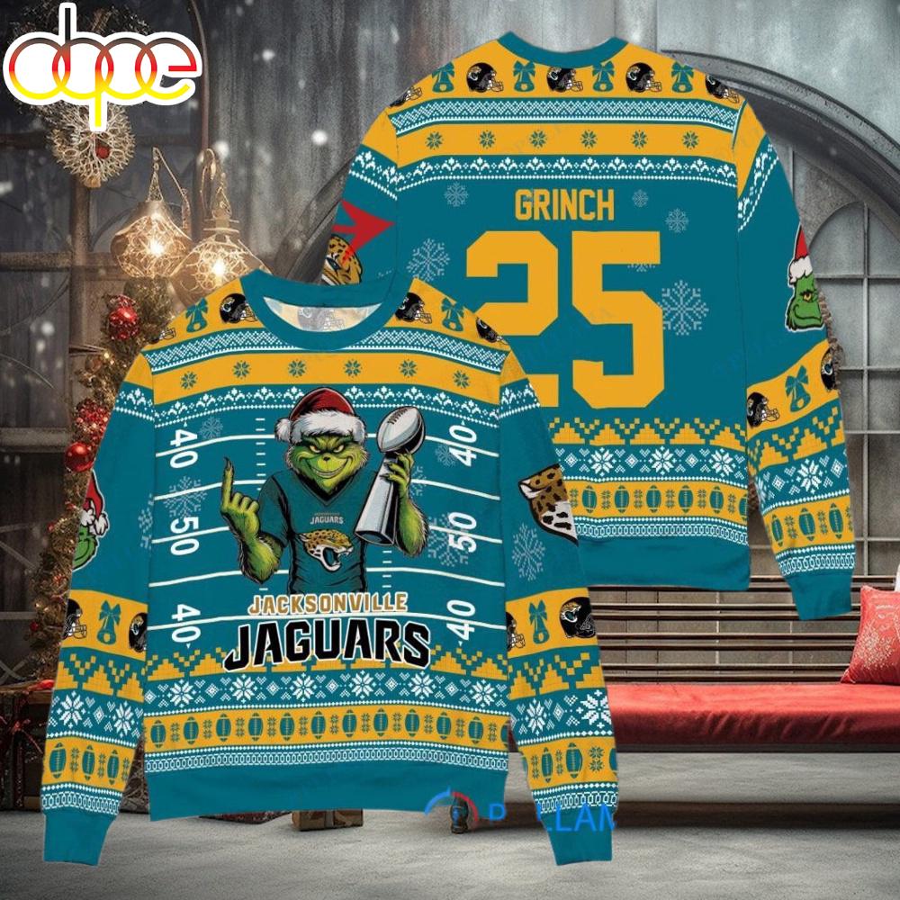 Sportswearmerch Jacksonville Jaguars NFL x Grinch Super Bowl Trophy Ugly Christmas Sweater For Fan