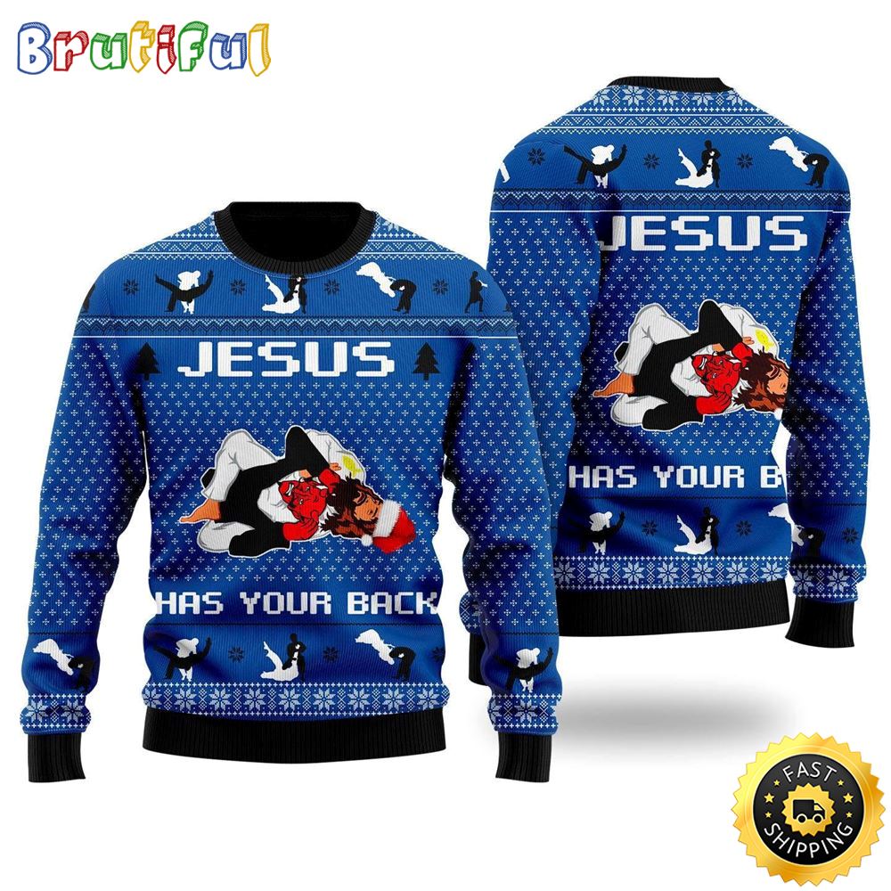 Sportswearmerch Jesus Has Your Back Jiu Jitsu Christmas Sweater For Fan