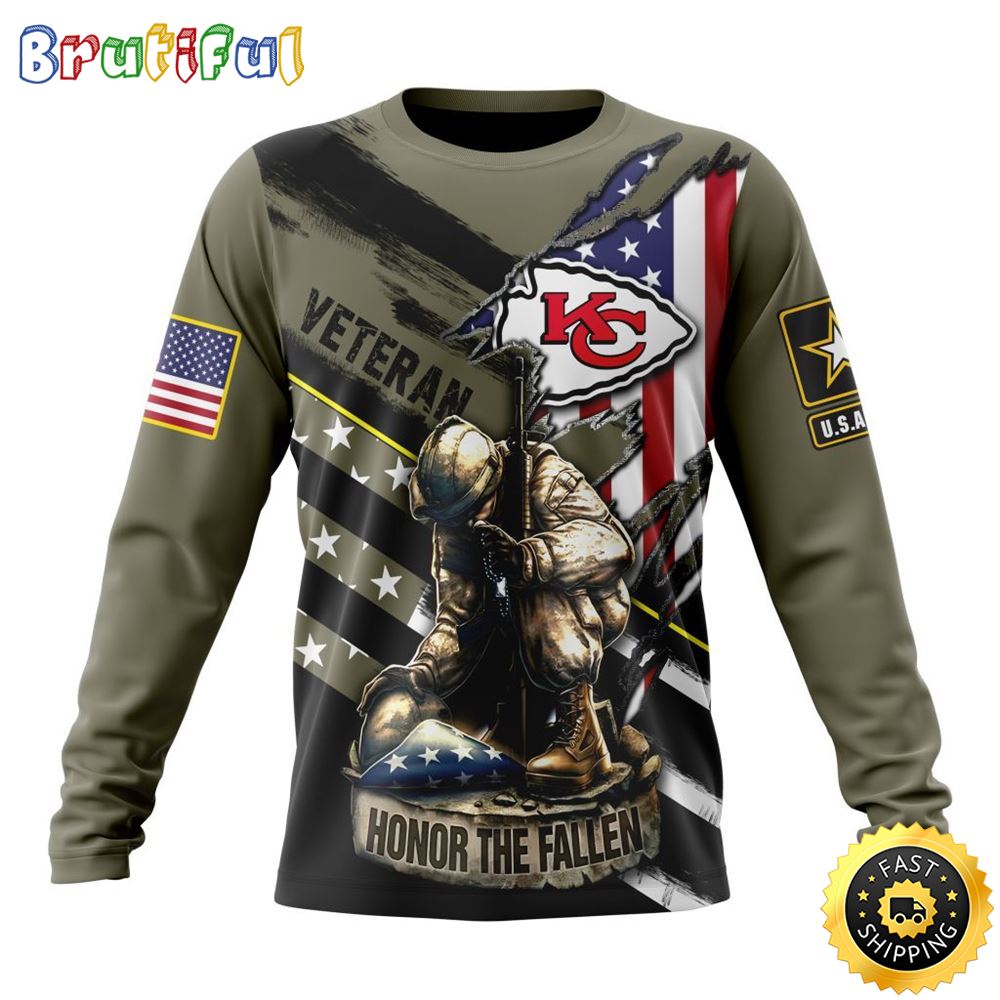 Sportswearmerch Kansas City Chiefs NFL Crewneck Honor Veterans Kneeling Soldier Personalized Sweater For Fan