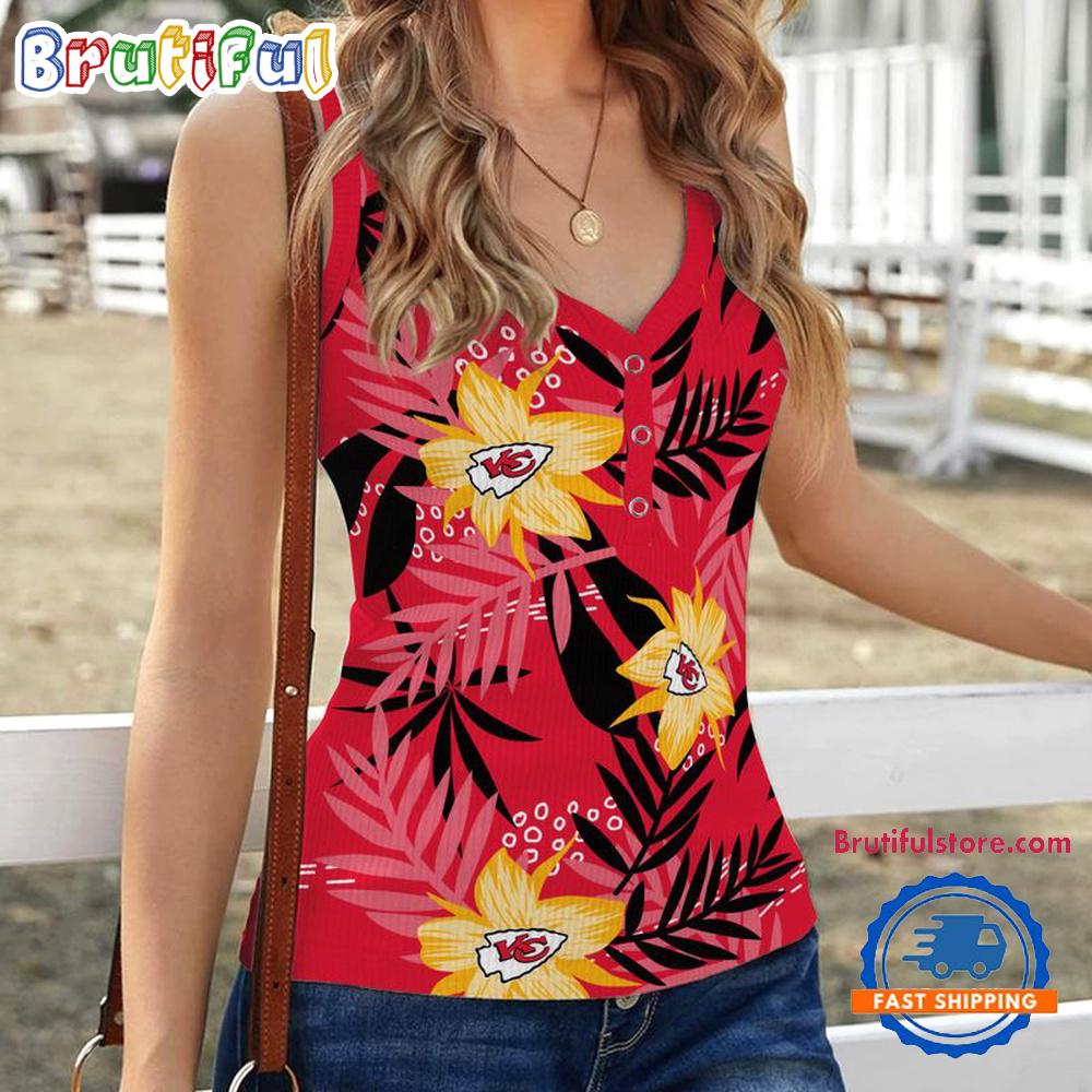Sportswearmerch Kansas City Chiefs NFL Hibiscus Pattern Women's V-Neck Ribbed Tank Top For Fan