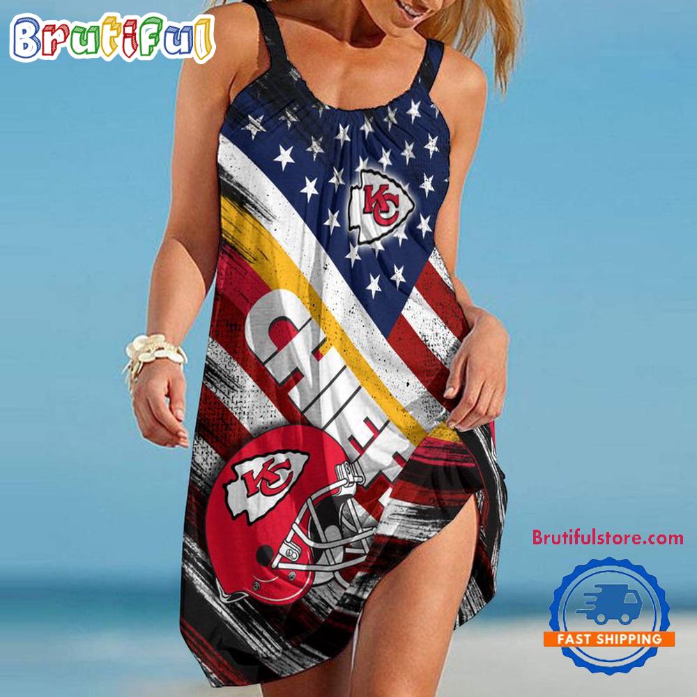Sportswearmerch Kansas City Chiefs NFL USA Independence Day Women's Summer Beach Dress For Fan