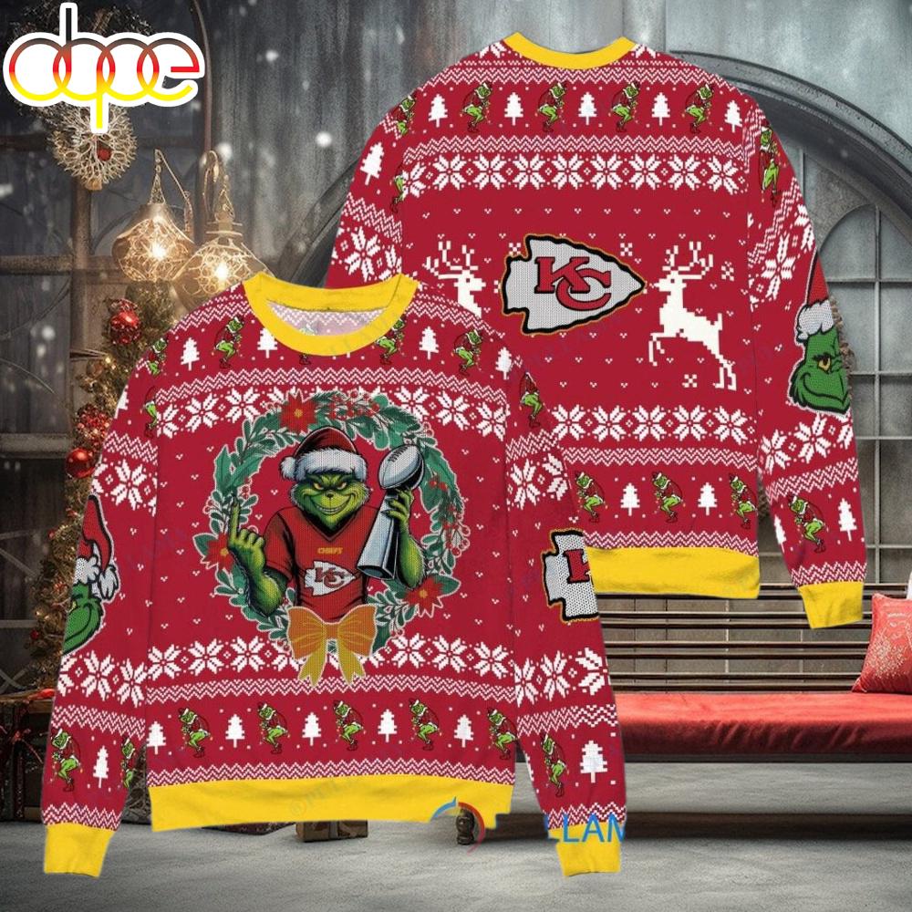Sportswearmerch Kansas City Chiefs NFL x Grinch Super Bowl Trophy Ugly Christmas Sweater For Fan