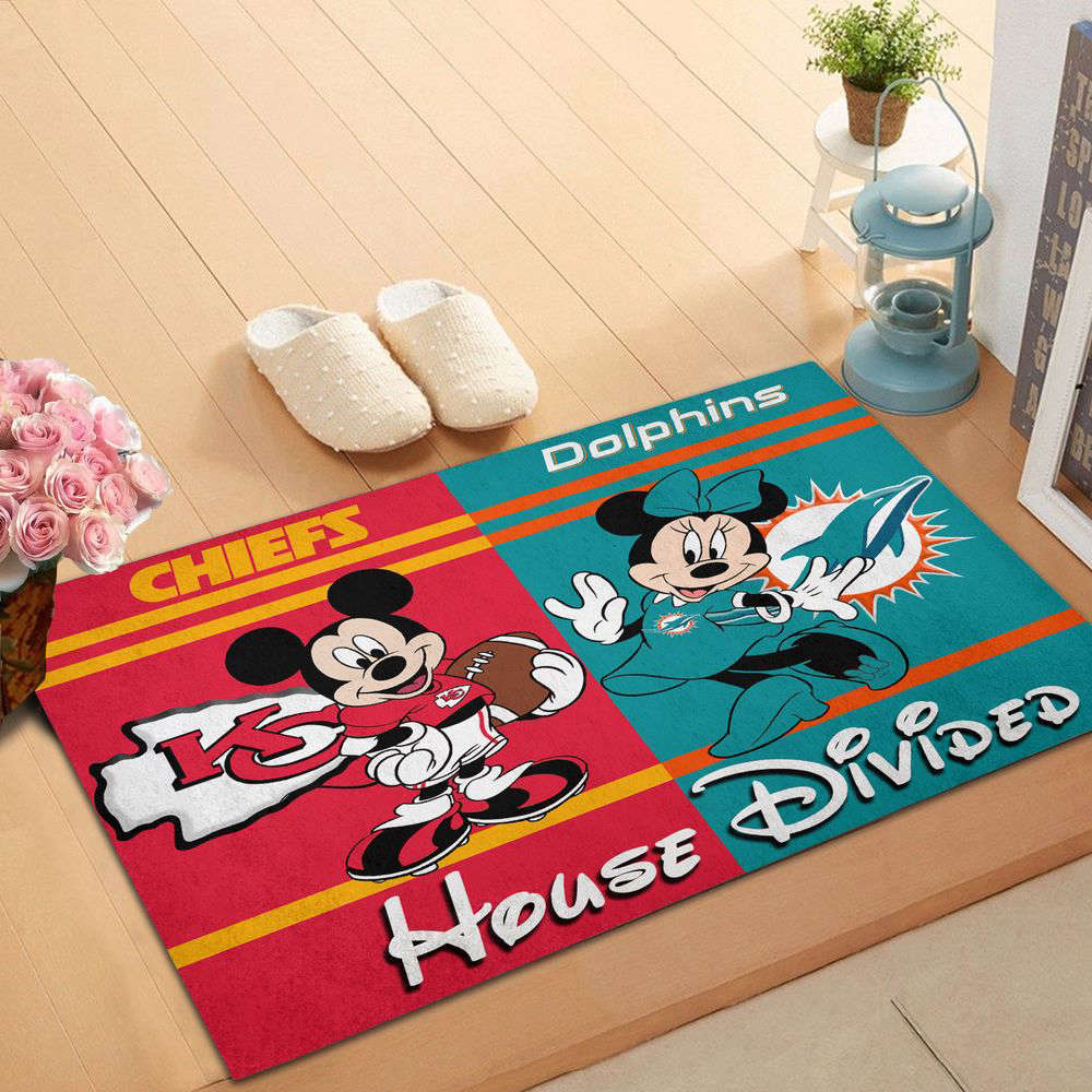 Sportswearmerch Kansas City Chiefs NFL x Miami Dolphins NFL x Mickey And Minnie Doormat For Fan