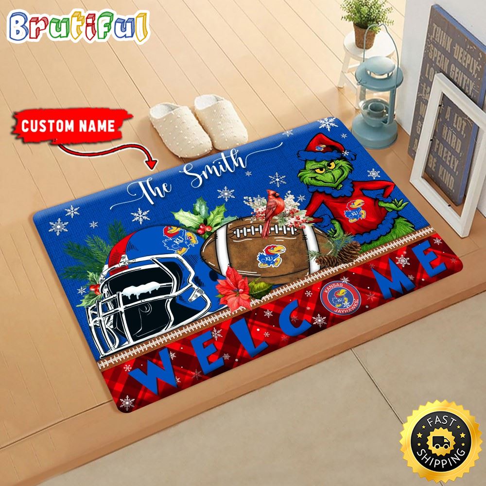 Sportswearmerch Kansas Jayhawks NCAA Grinch Christmas Doormat For Fan